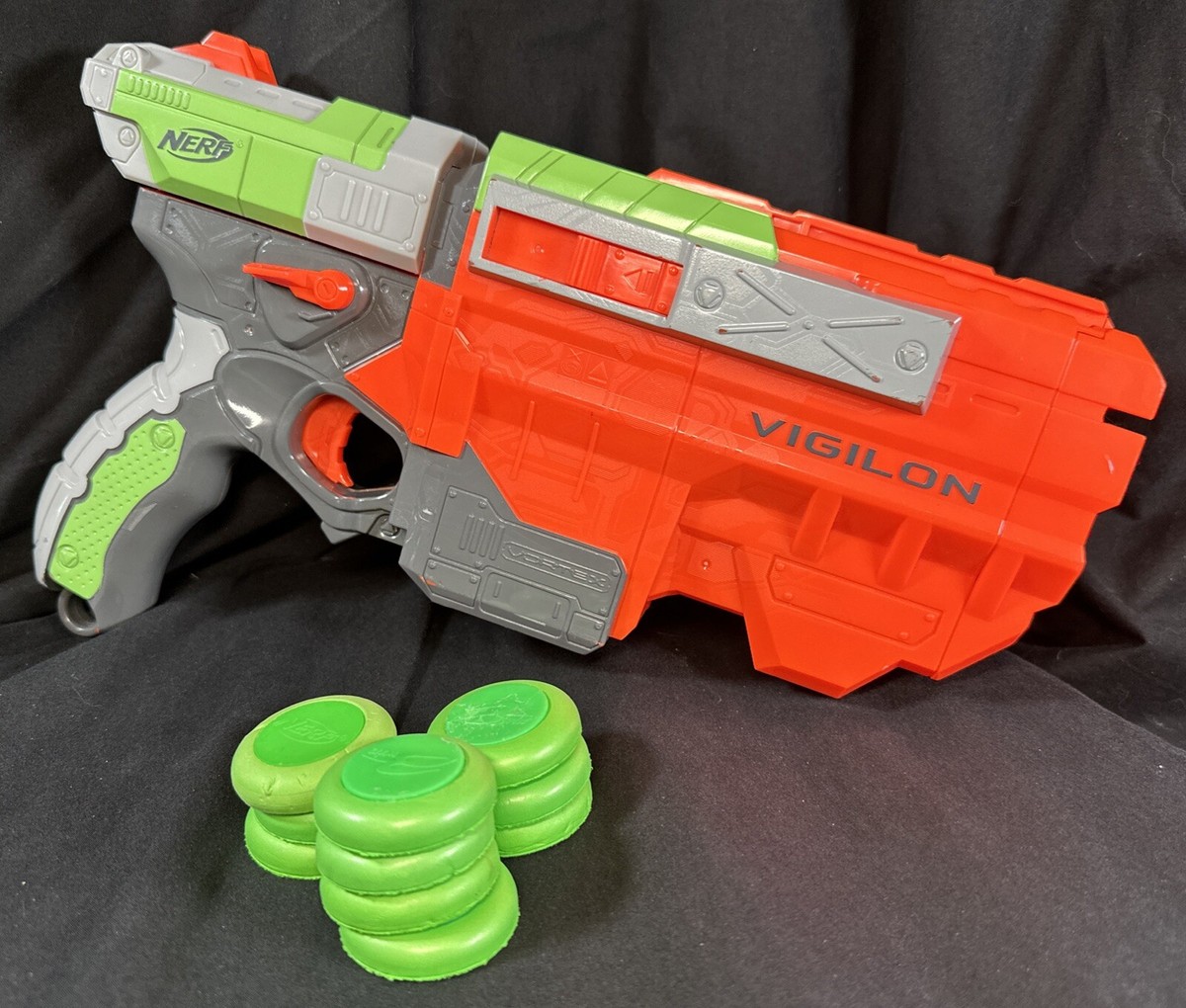 Nerf Vortex Vigilon Blaster Green Orange Disc Gun & 10 Disks 2010