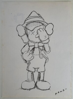 KAWS (Handmade) Drawing On old Paper Signed Mixed Media, Vtg Art