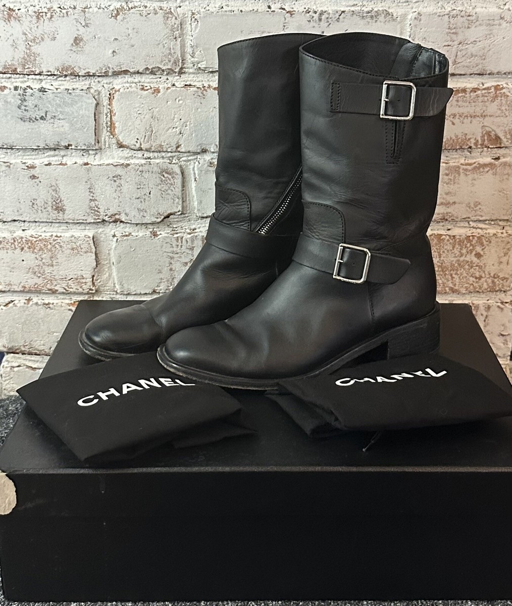 Chanel Black Leather Side Zip CC Logo Moto Boots Sz 39 US 9 100