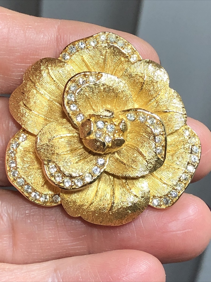 9. Vintage Gold tone Rhinestone CHRISTIAN DIOR Rose Flower Pin