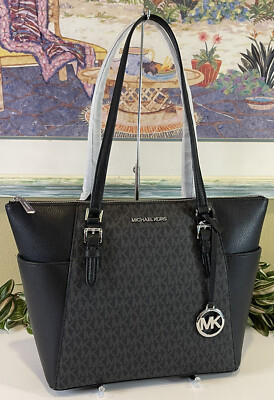 MICHAEL KORS CHARLOTTE MEDIUM LARGE ZIP TOTE SHOULDER BAG BLACK MK