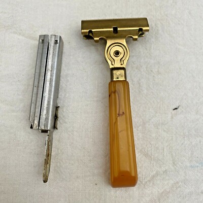 Vintage SCHICK INJECTOR RAZOR Gold Colored Metal Bakelite Handle