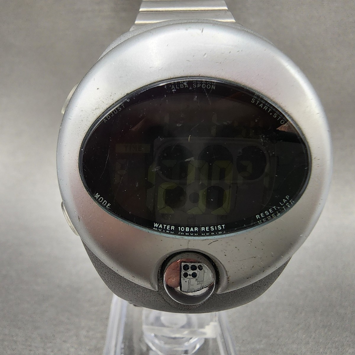 Seiko ALBA Spoon Watch Men 38mm Digital Silver Tone Alarm Chrono