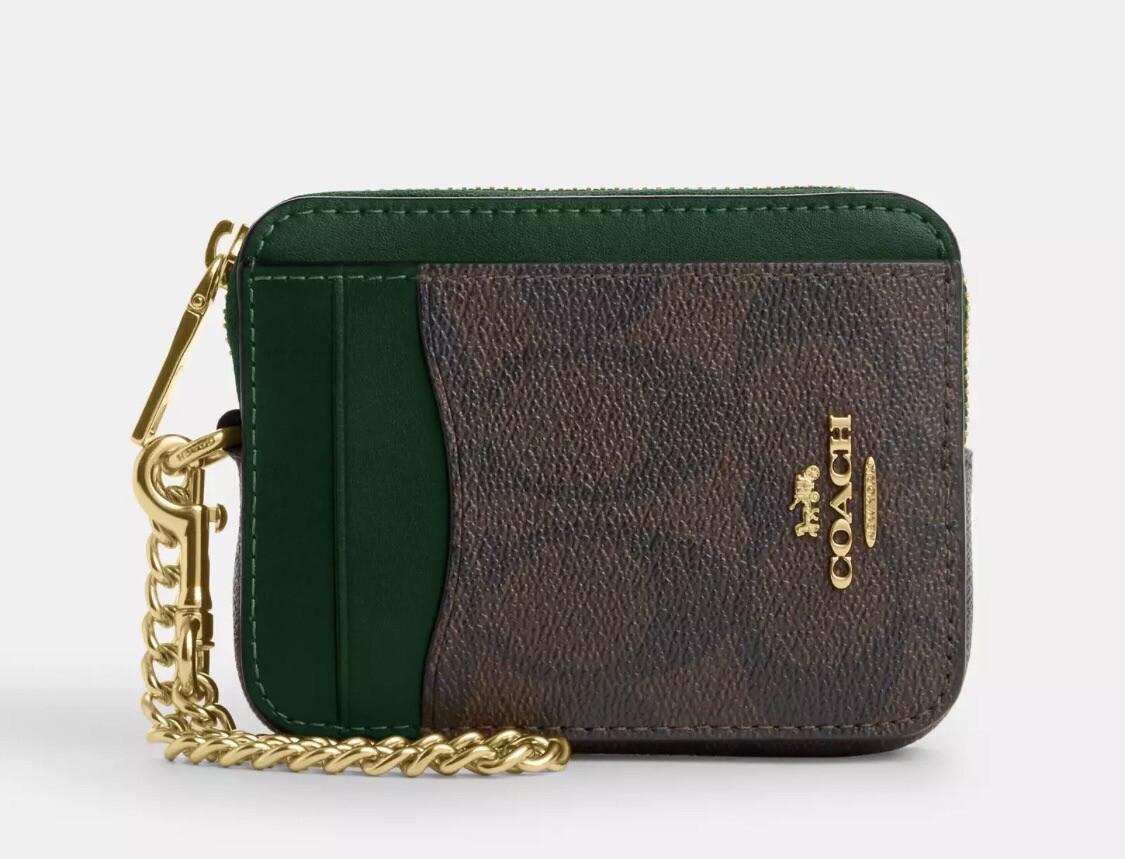 Coach Zip Card Case - Brown/ Signature Canvas - Pine (Green