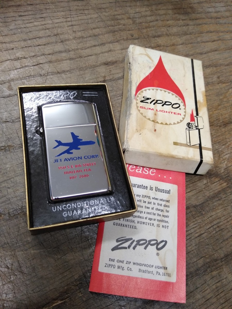Vtg 1967 Zippo Slim Jet Avion Corp Polished Chrome Cigarette