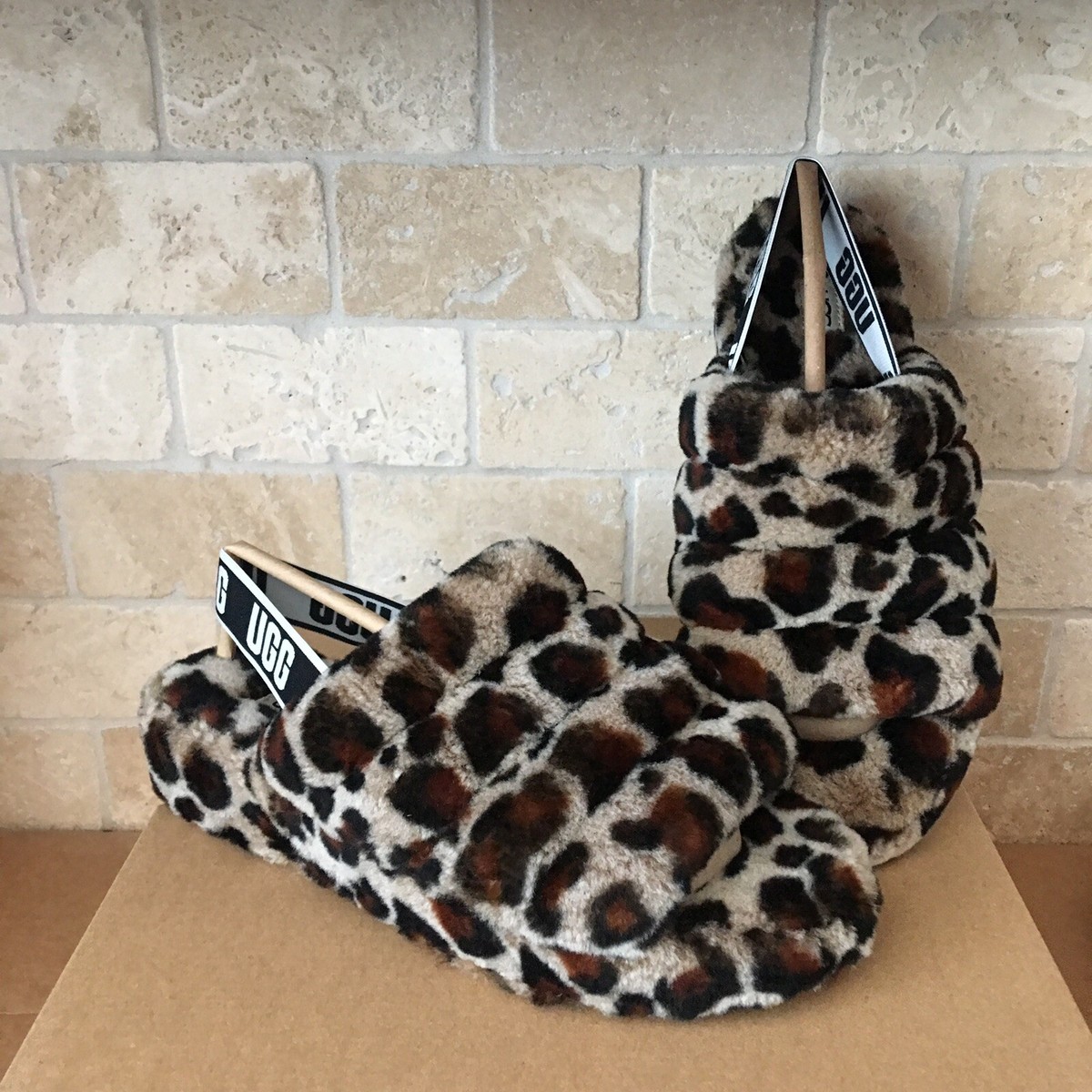 UGG FLUFF YEAH AMPHORA SLIDE LEOPARD SLINGBACK SANDALS SLIPPERS