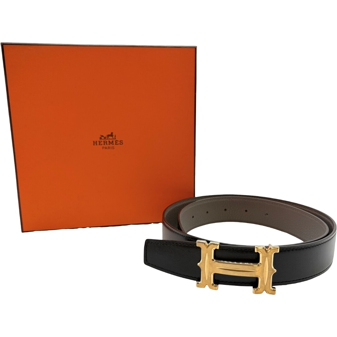 Auth HERMES Constance Guilloche Carving Z Stamp 80 Belt Black