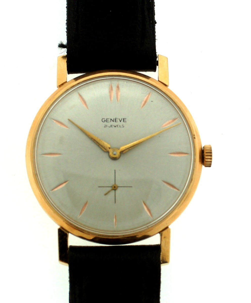 GENEVE 21 JEWELS 18K 750 GOLD STAMPED LEATHER STRAP WATCH C1960