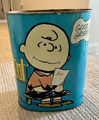 1969 Vintage Peanuts Cheinco Blue Metal Trash Can - Snoopy
