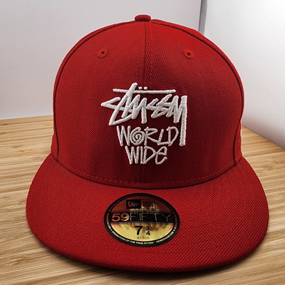 VTG Stussy World Wide Fitted Hat, Red Cap, 100% Wool, New Era 5950