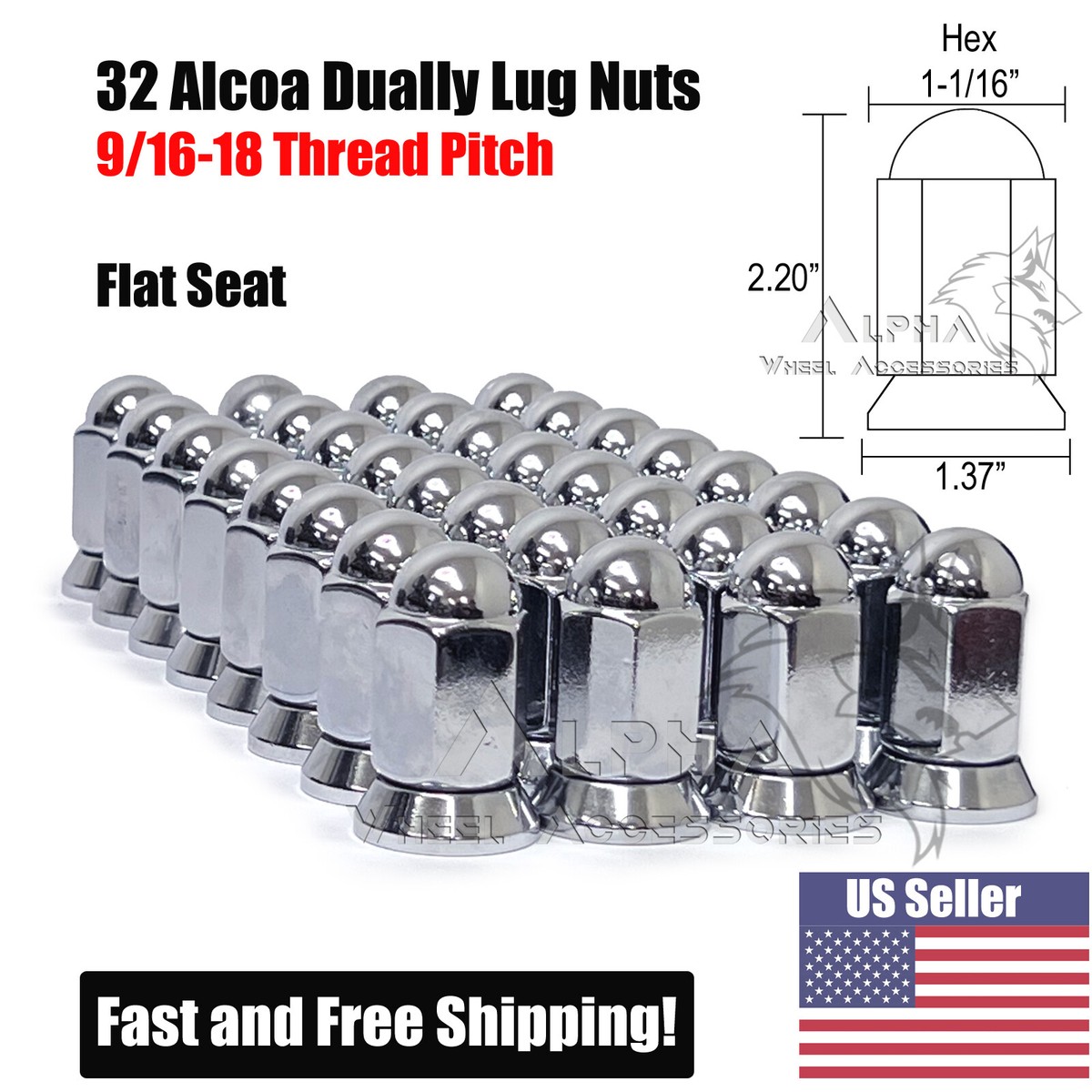 32 Chrome Alcoa Dually Flat Seat Lug Nuts 9/16-18 With Pressed On