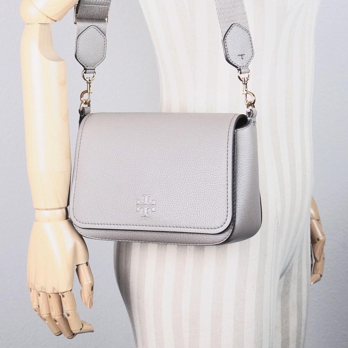 Tory Burch Thea Gray Pebbled Leather Flap Crossbody Shoulder Bag