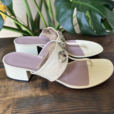 Gucci Cream Patent Leather Horsebit Thong Block Heel Sandals EU39