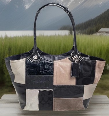 COACH BLEEKER SHOULDER TOTE BAG BLACK AND GRAY LEATHR SUEDE