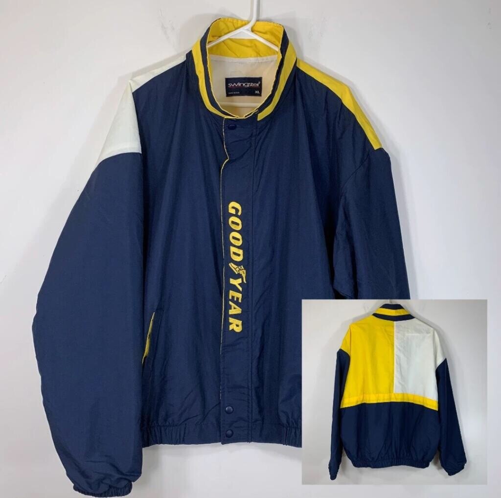 Vintage 90s Goodyear Jacket Mens XL Swingster Blue Embroidered