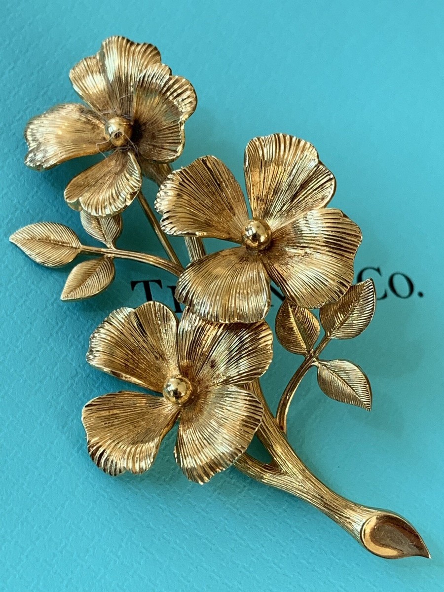 Tiffany & Co 14K Gold Triple Dogwood Flower Pin Brooch 12.8 Grms