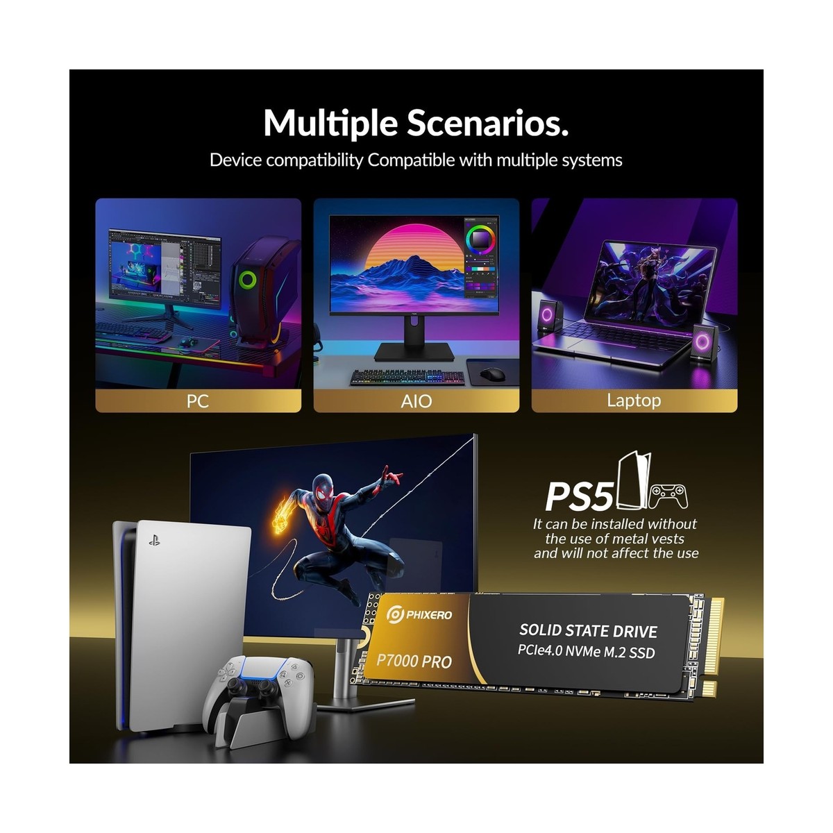 PHIXERO P7000PRO 2TB NVME SSD, PCIe Gen4x4, M.2 2280 NVMe Internal