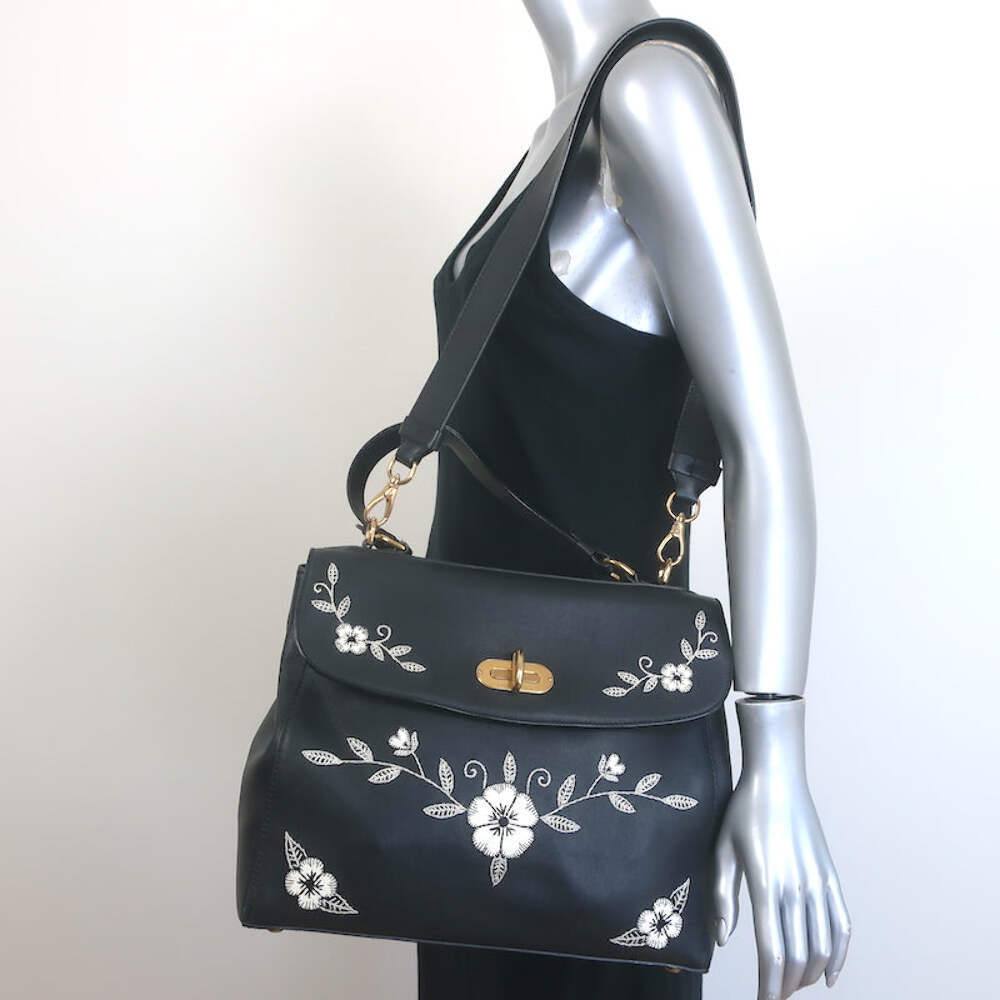 Ralph Lauren Tiffin Medium Shoulder Bag Black Floral-Embroidered