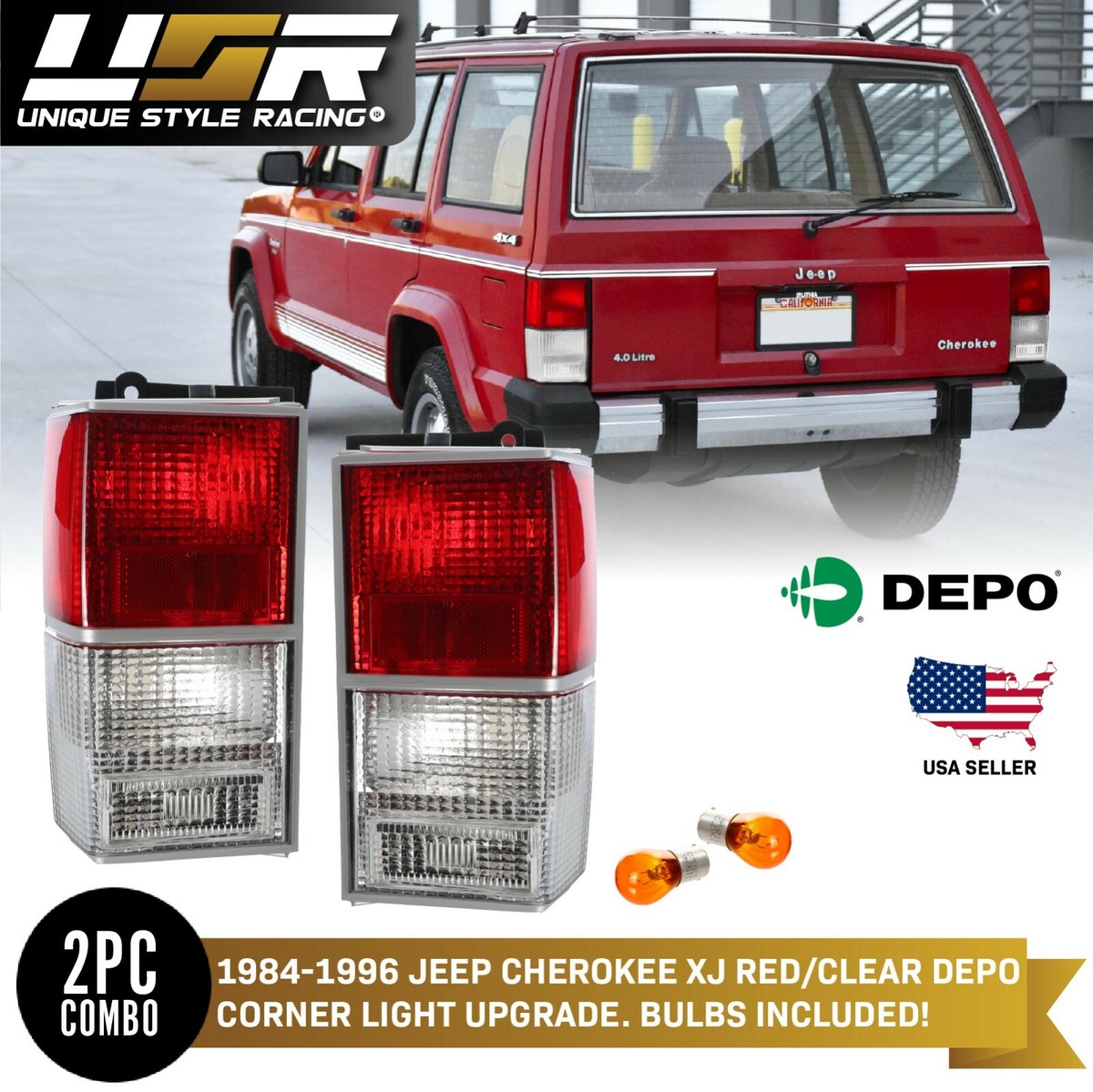 DEPO Euro Style Red/Clear Rear Tail Light Set for 1984-1996 Jeep