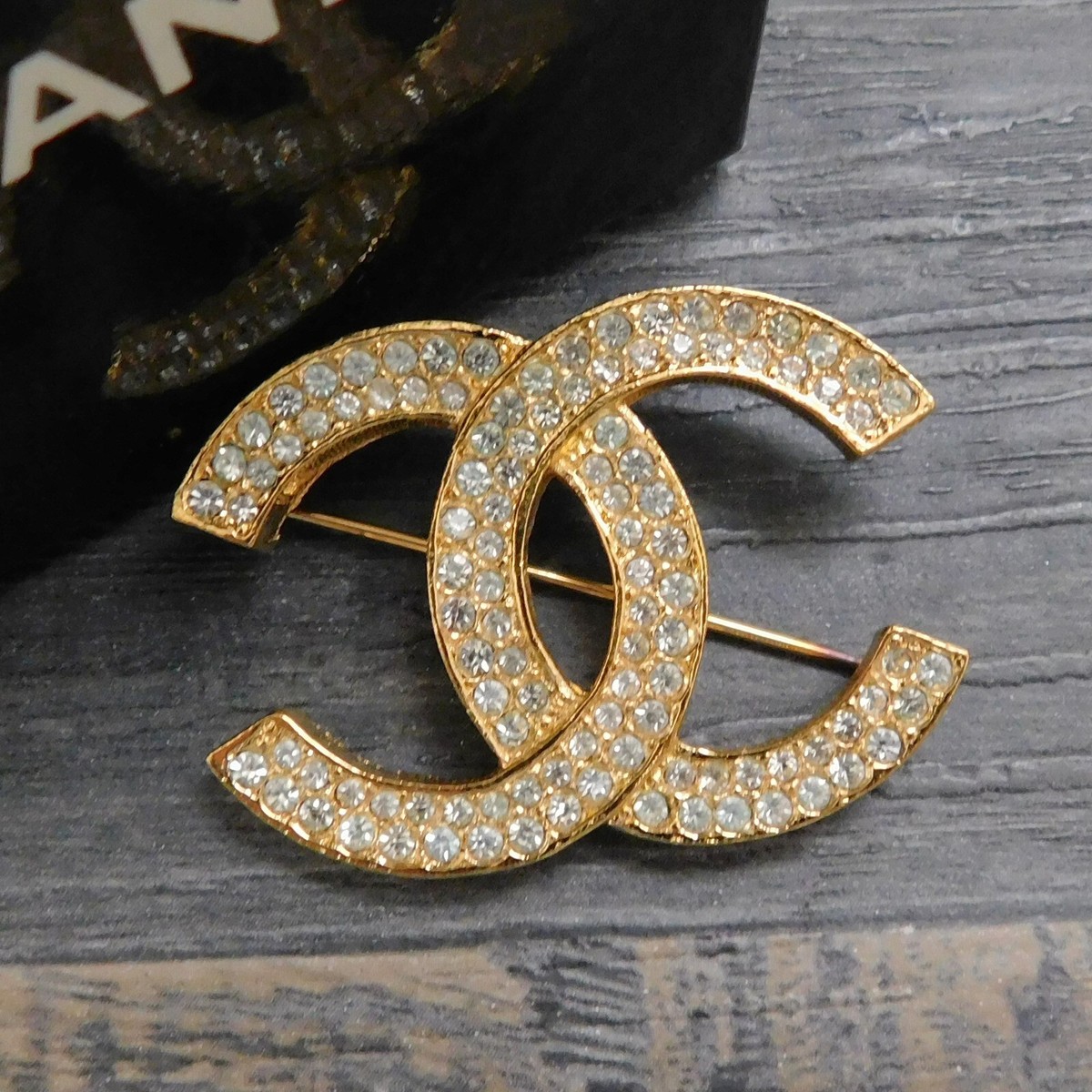 CHANEL Gold Plated CC Logos Diamond Vintage Pin Brooch #574c Rise
