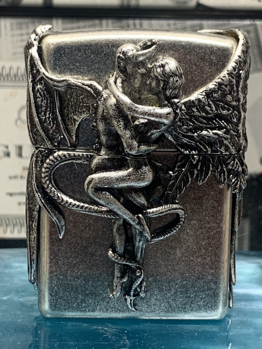 Zippo Angel Devil Wing Antique Silver Heavy Zippo Lighter In Wood