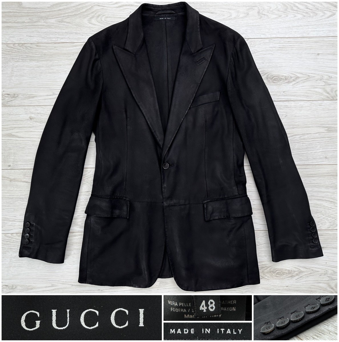 Vintage Gucci x Tom Ford Black Peak Lapel Leather Jacket Blazer