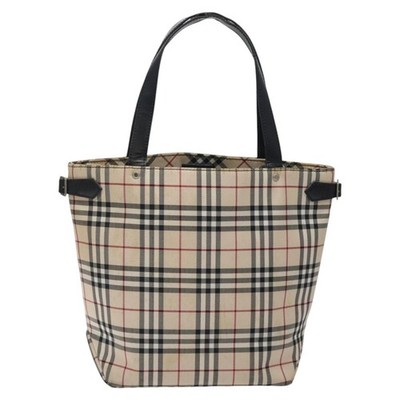 BURBERRY Nova Check Blue Label Tote Bag Canvas Beige Silver Auth