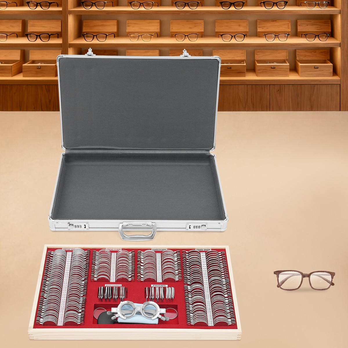 266Pcs Optical Trial Lens Set Optometry Kit Metal Rim Aluminum Box