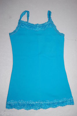 Girls Tank Top TURQUOISE RIBBED CAMI Adj Strap LACE TRIM Silver