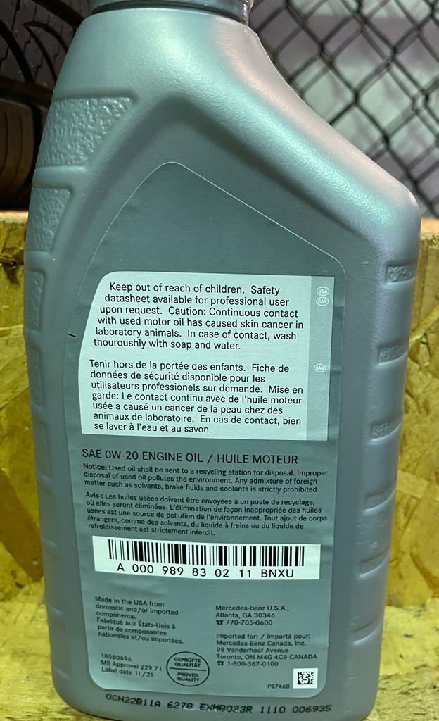 MERCEDES-AMG SAE 0W-20 MB229.71 SYN, NEW RELEASE 2022 6L/6.3QT