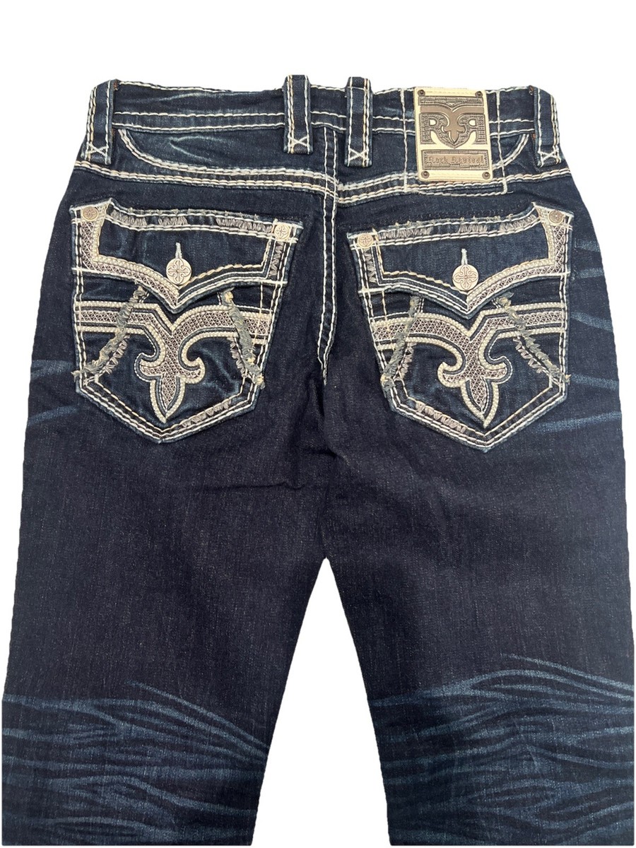 Mens Rock Revival Jean ALVIN Bootcut Leg Blue Wash White Stitch