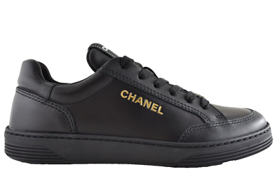 Chanel 23A Black Calfskin Leather Gold CC Logo Flat Runner Trainer