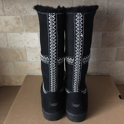 UGG SUNDANCE REVIVAL TALL TASMAN BRAID BLACK SUEDE FUR BOOTS SIZE