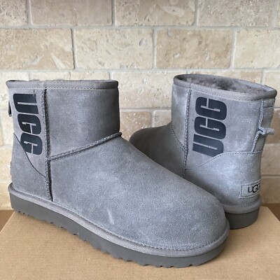 UGG Classic Mini Rubber Logo Grey Gray Suede Sheepskin Ankle Boots
