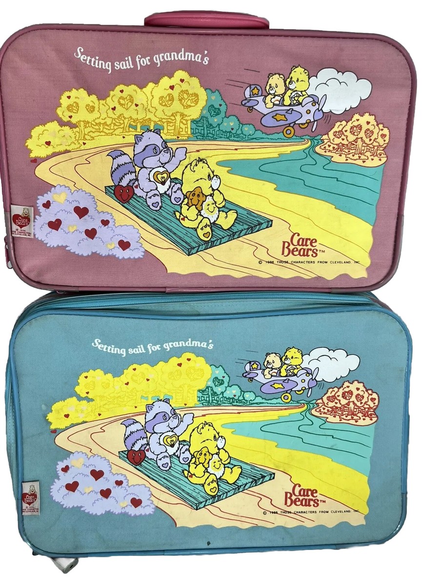 Vintage Care Bears Lot 2 Luggage 1986 Pink Aqua Zip Soft Suitcase