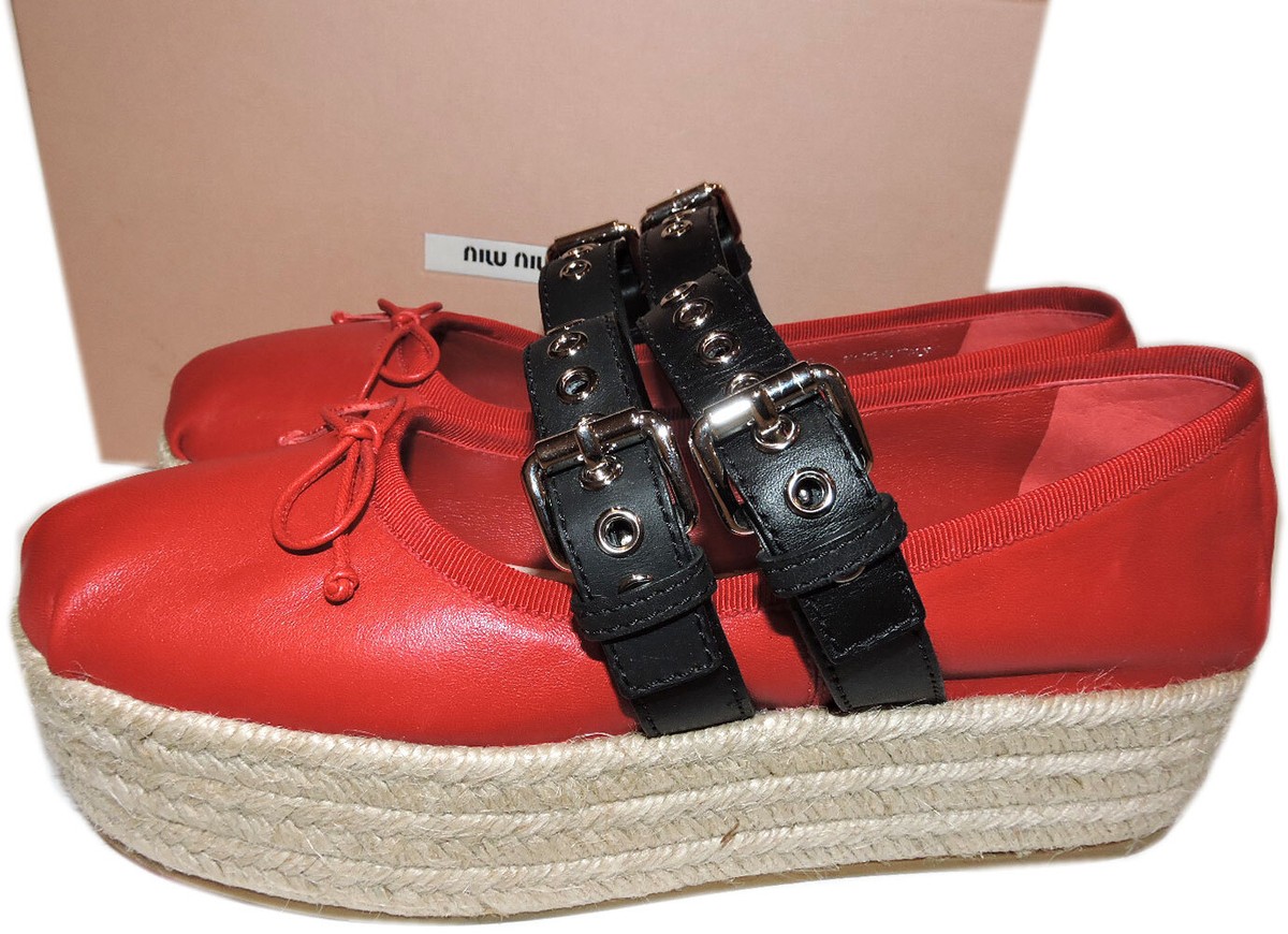 Miu Miu Prada Red Espadrilles Double Buckles Platform Shoes 40