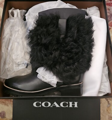 New COACH Leighton Shearling Lamb Fur Black Moto Boots, Size 6
