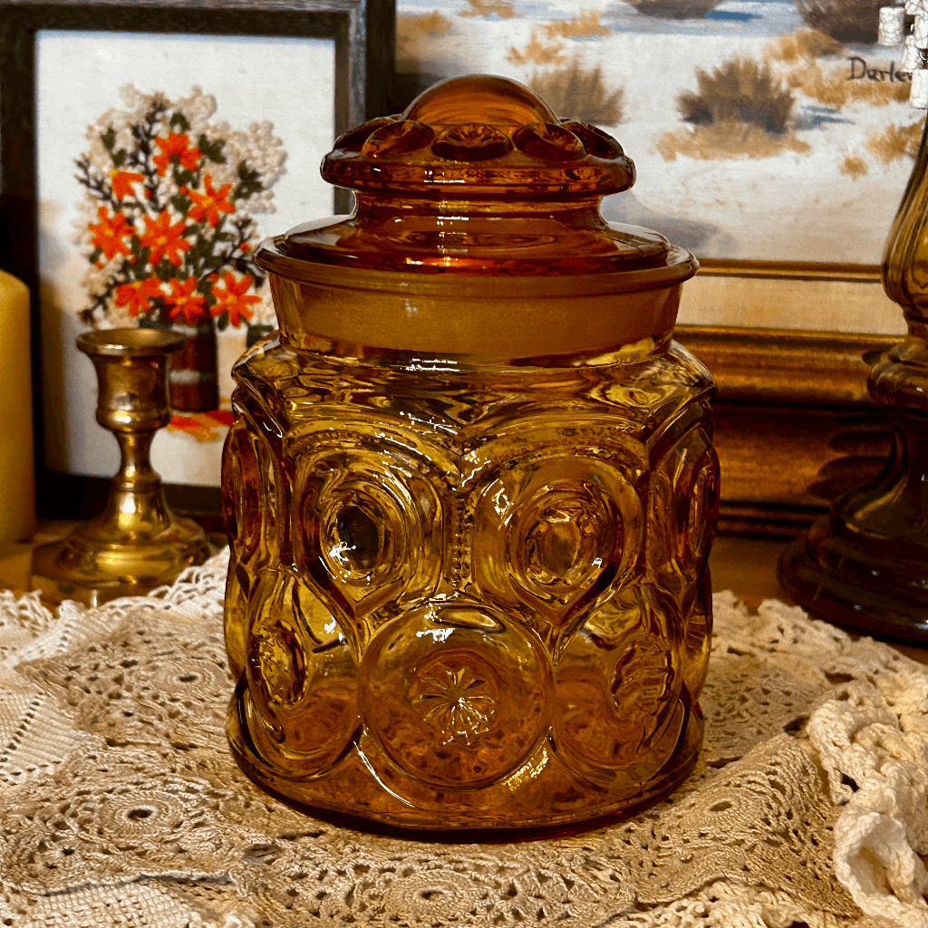 Vintage L.E. Smith Glass Moon and Stars Amber Small Lidded