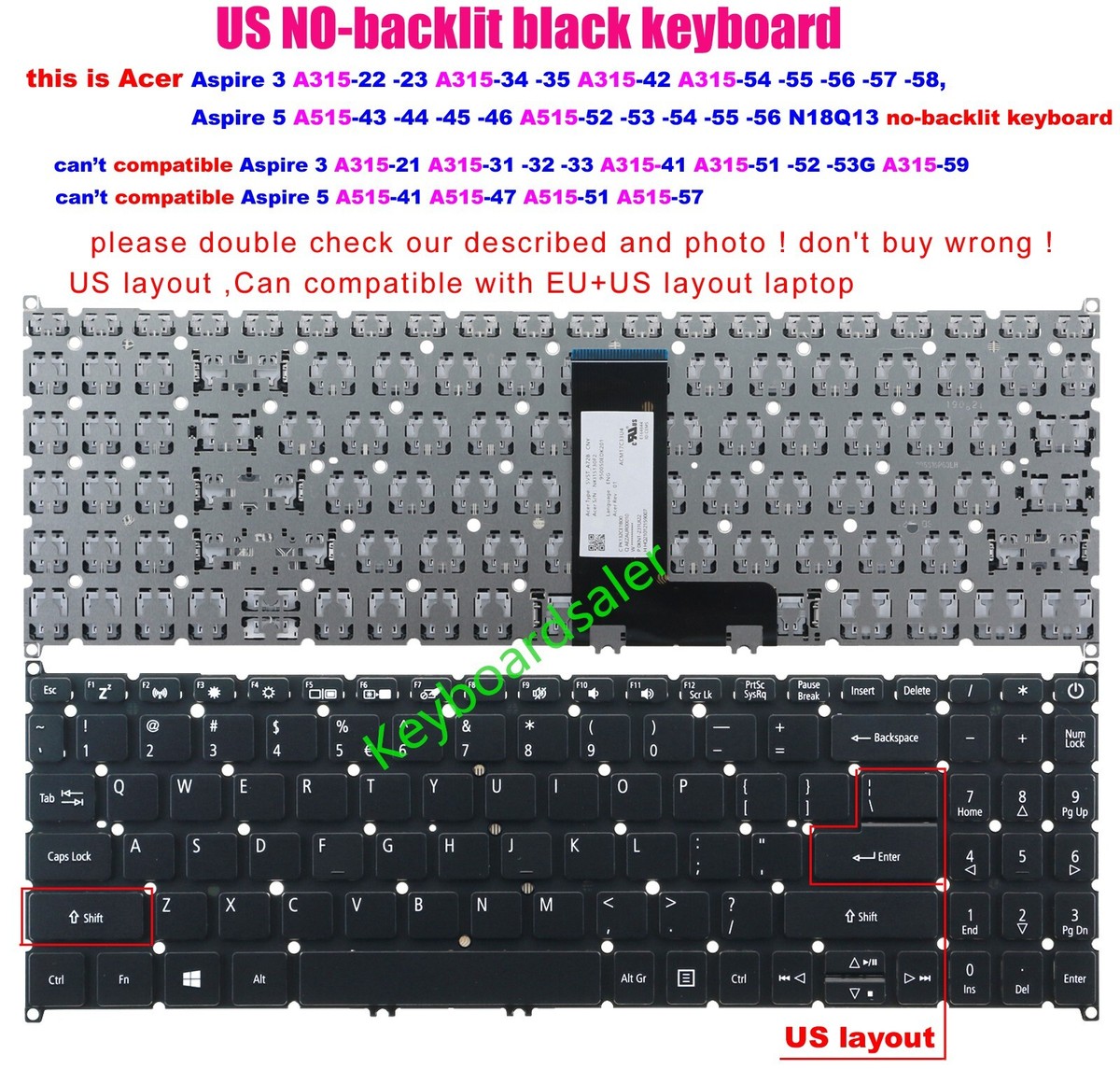 keyboard For Acer Aspire 3 A315-57 N18Q13 N19C1 N19H1 N18Q13 N18C1