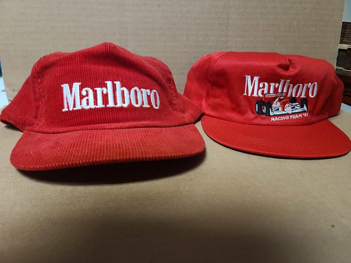 MARLBORO VINTAGE RED CORDUROY HAT & VINTAGE RED RACING HAT - BOTH