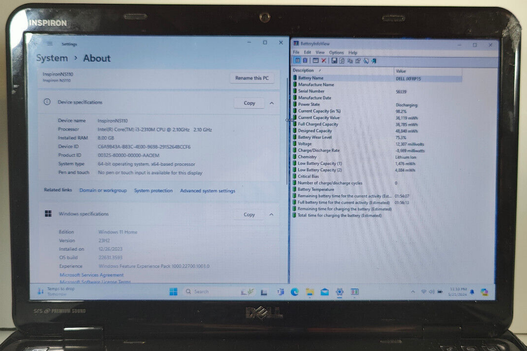 Dell Inspiron 15R N5110 Core i3-2310M 2.1GHz/8GB RAM/256GB SSD