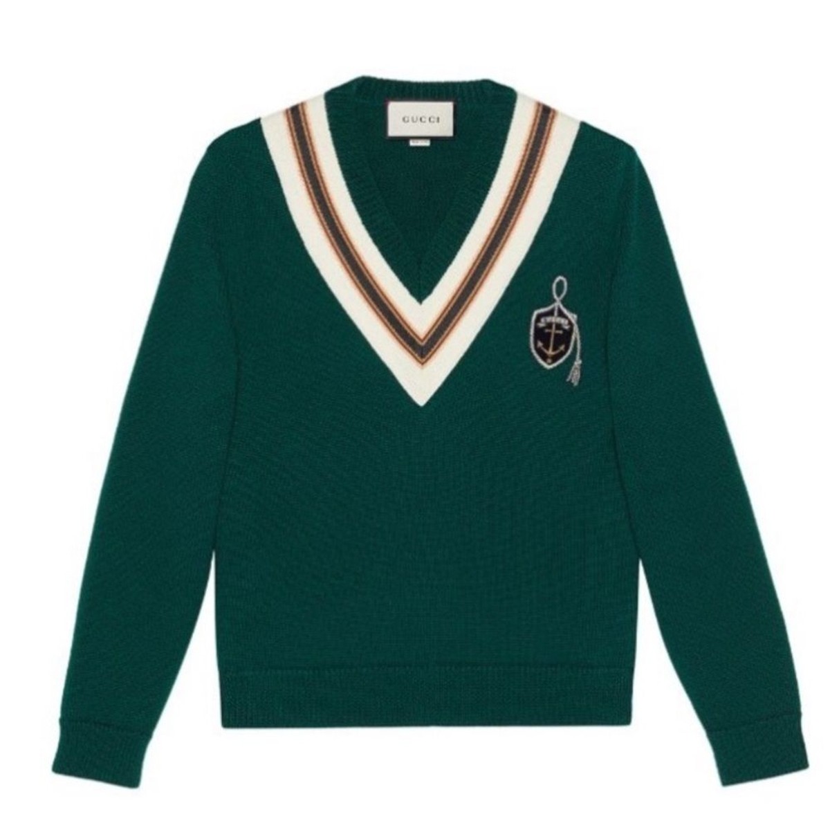 AUTHENTIC GUCCI VARSITY COLLEGE ANCHOR CREST KNIT WOOL V NECK