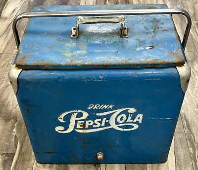 Vintage 1950's Drink Pepsi Cola Blue Metal Portable Picnic Cooler