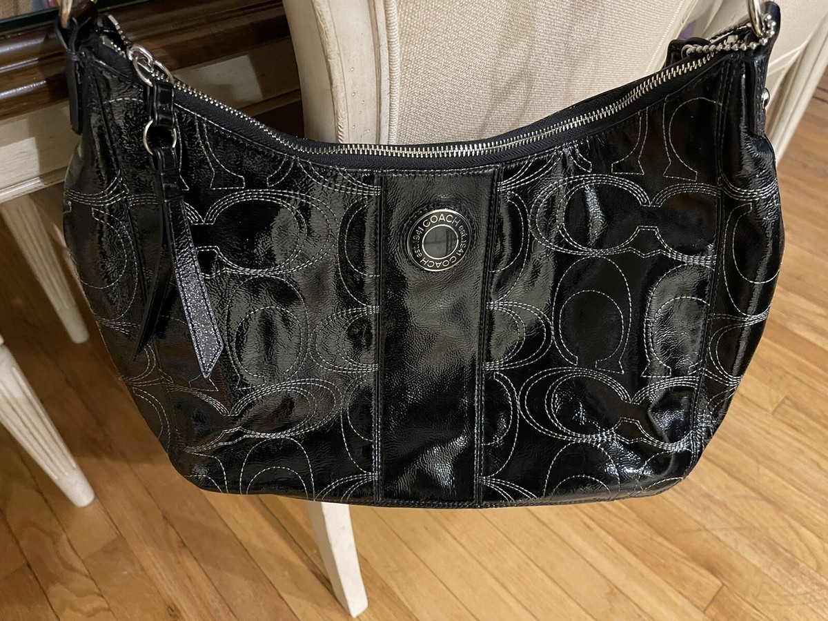 COACH SIGNATURE STITCHED BLACK PATENT LEATHER HOBO BAG STYLE