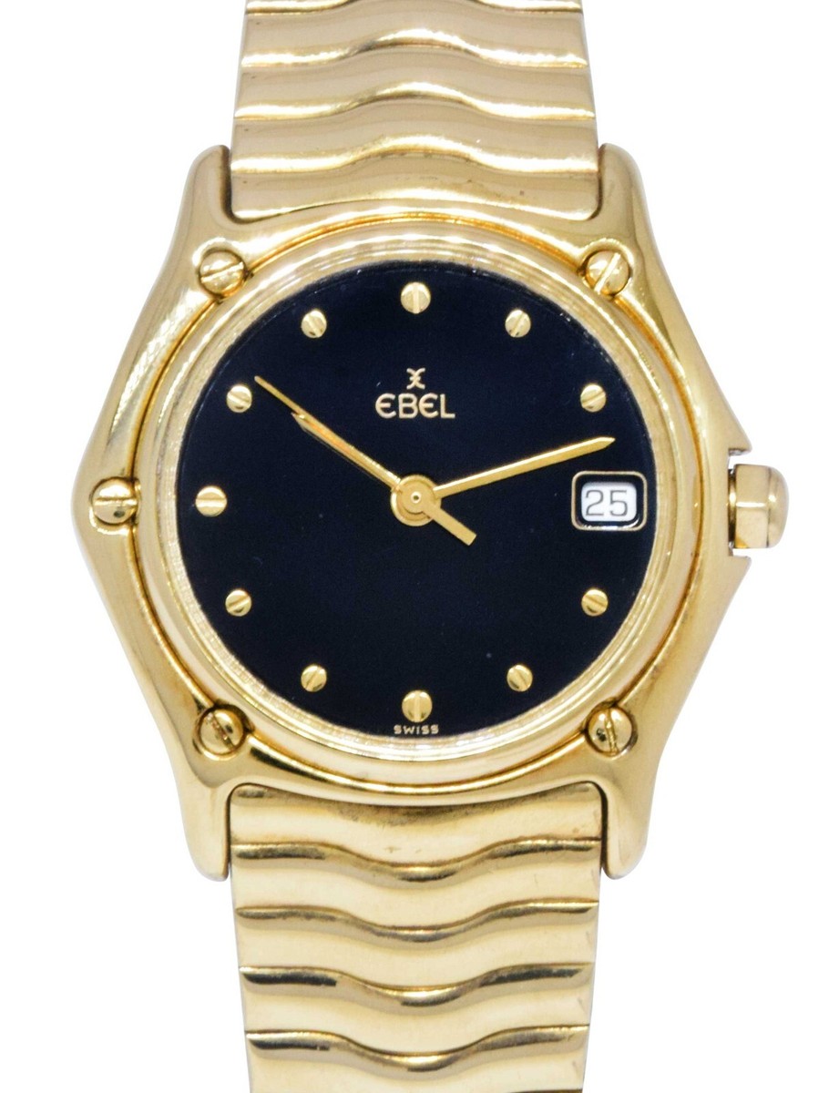 Ebel 1911 18k Gold Watch Sportwave Bracelet Black Dial Quartz