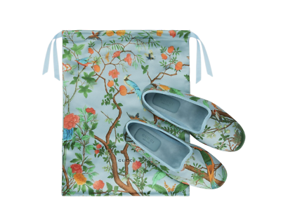 Authentic Men's Gucci Blue Satin Voyage Tian Printed Slipper Shoes