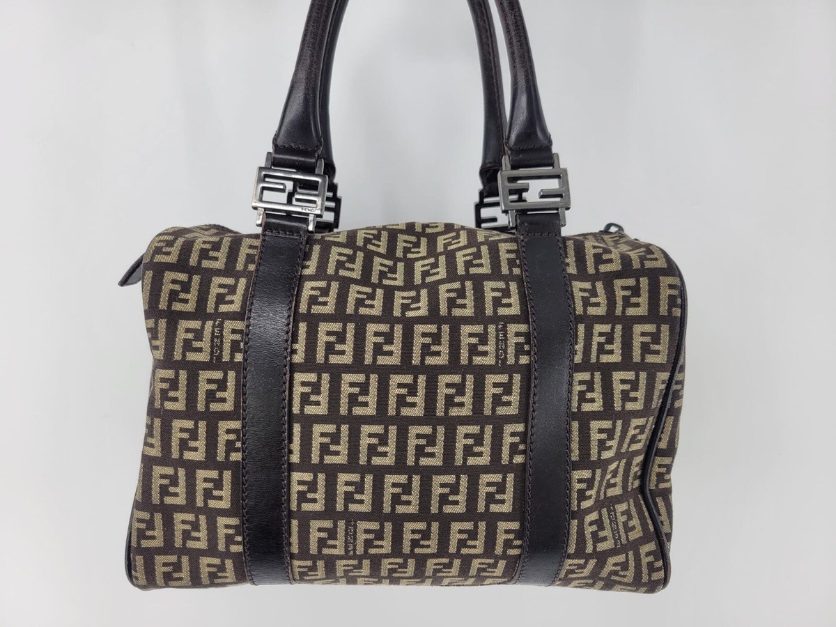 FENDI Zucca Zucchino Vintage Mini Boston Canvas Bag Brown Y2K FF