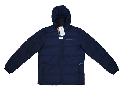 Eddie Bauer Wide Channel Hooded Down Jacket Full Zip Navy Blue