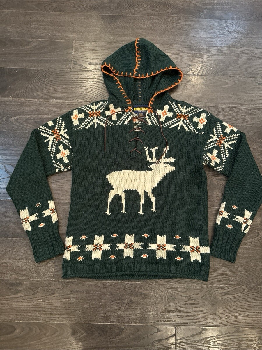 Rare Retired Rugby Ralph Lauren Green Hooded Moose Aztec Knit