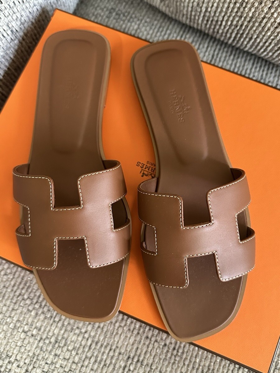 NEW in box HERMÈS Brown Gold Calfskin Oran Sandals** CHOOSE YOUR